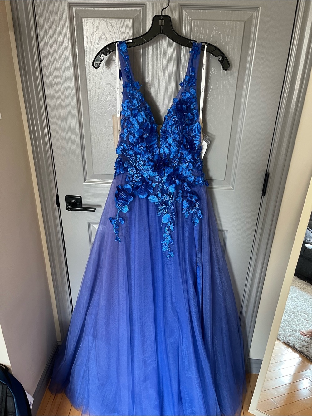 Azure Blue Floral Applique Tulle Prom Dress